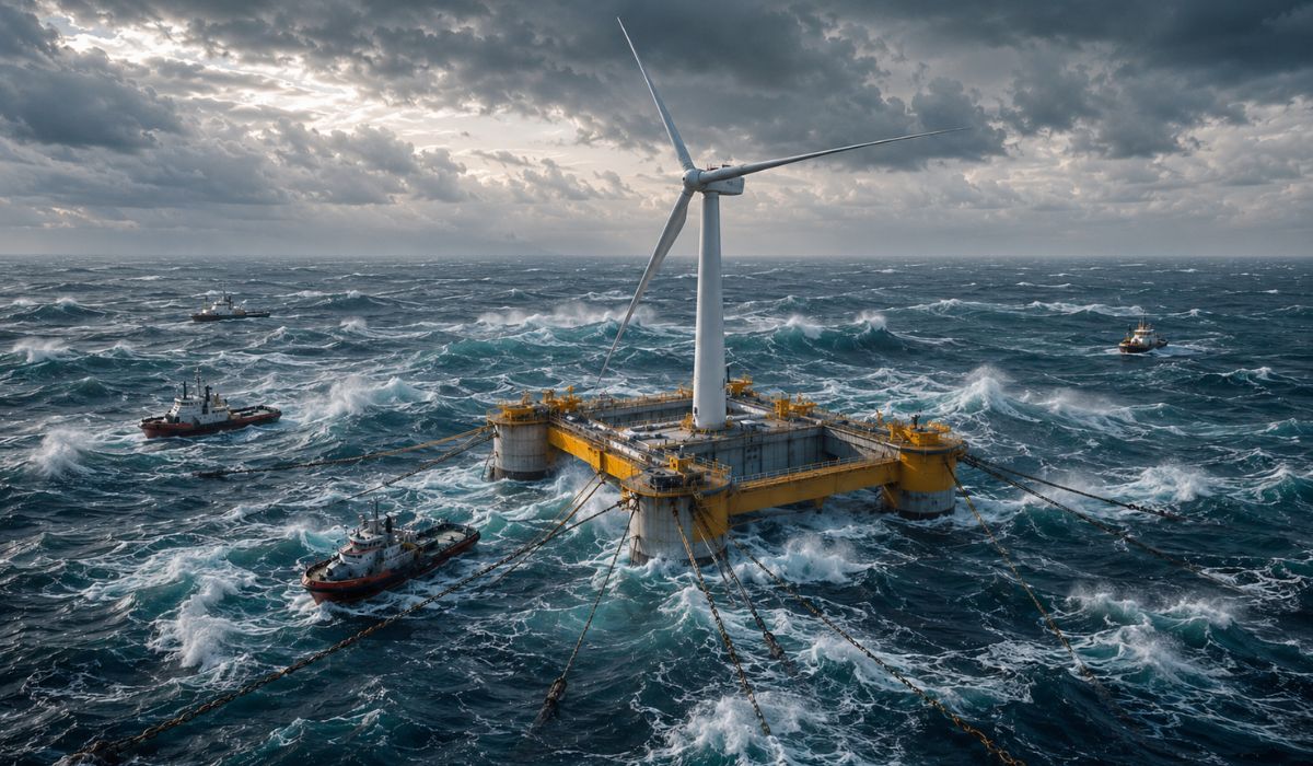 China instala plataforma eólica flutuante de 24.100 toneladas no mar, presa por 9 âncoras gigantes em águas profundas de Yangjiang. (Imagem: Ilustrativa)