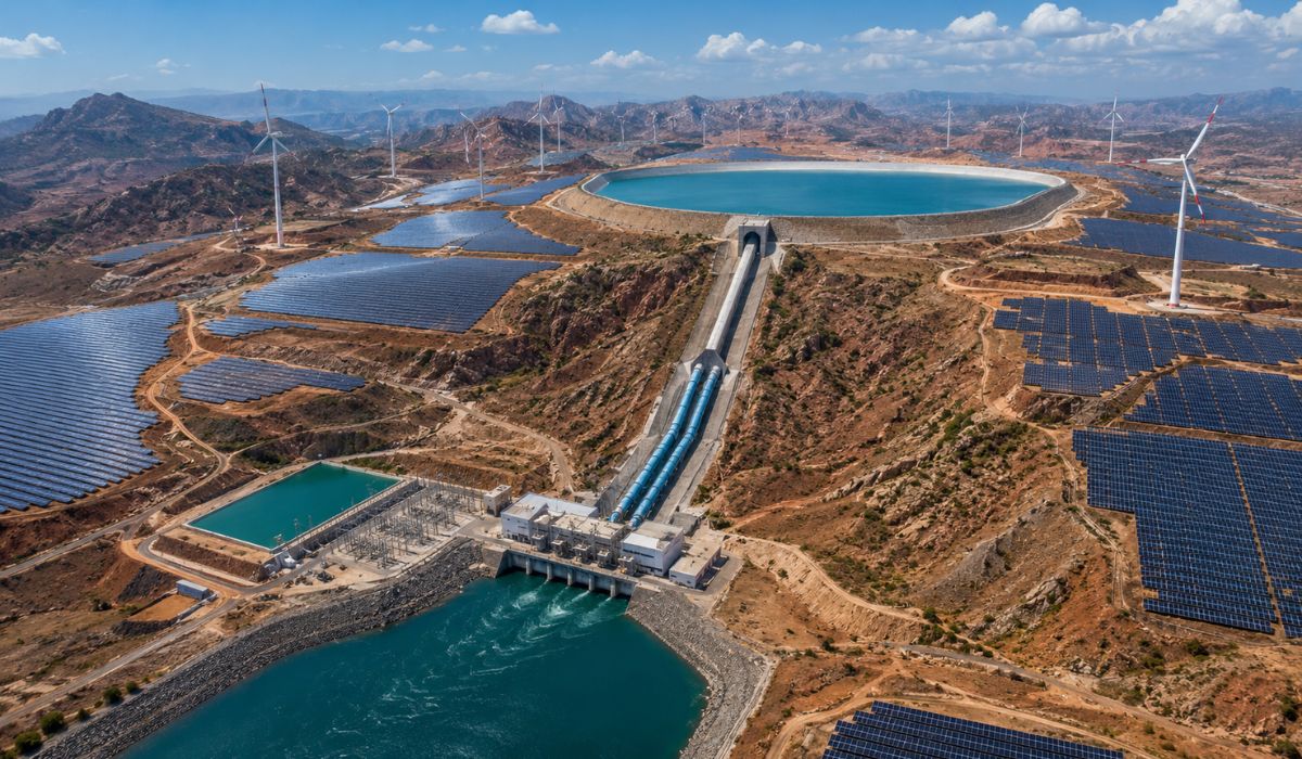 Índia transforma terreno seco em bateria verde com reservatórios artificiais, sol, vento e água reciclada em projeto gigante. (Imagem: Ilustrativa)