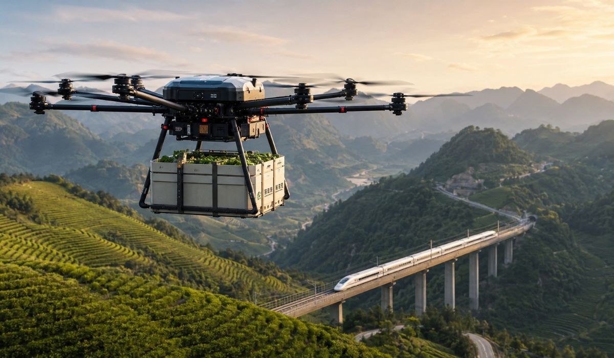 Megadrone elétrico leva chá fresco das montanhas ao trem-bala na China em teste com eVTOL autônomo e carga de 400 kg. (Imagem: Ilustrativa)