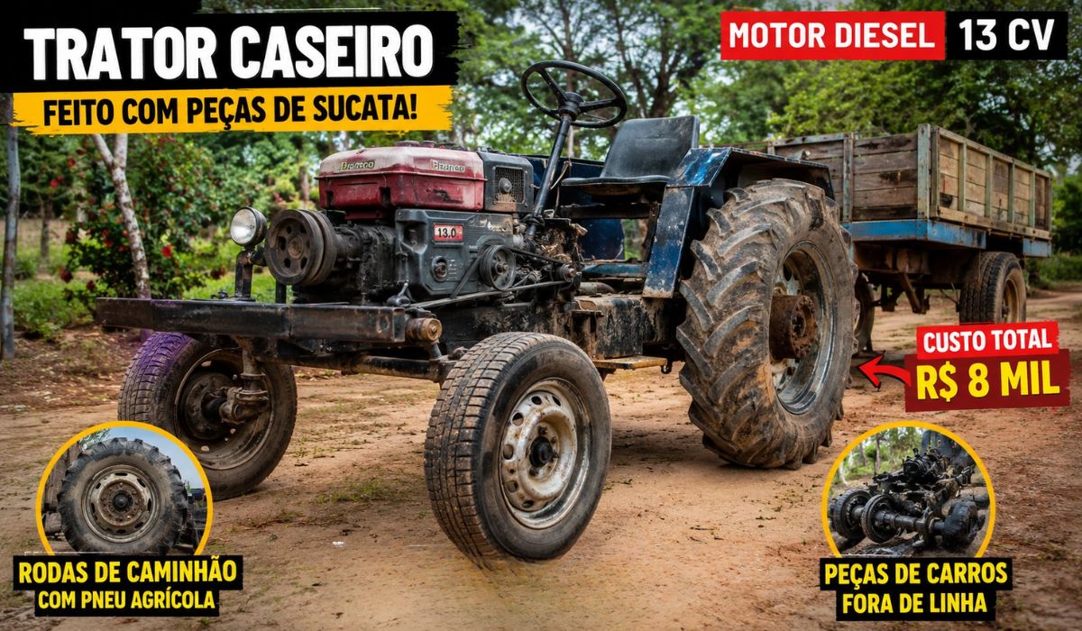 Homem monta trator caseiro com motor diesel de 13 cv e peças reaproveitadas por cerca de R$ 8 mil para trabalhar em 30 hectares rurais. (Imagem: Ilustrativa)