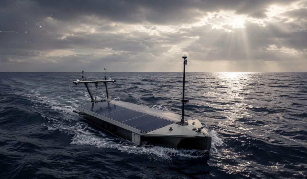 Barco solar autônomo cruza o Atlântico em teste da Marinha dos EUA e bate recorde de navegação sem tripulação em missão de vigilância. (Imagem: Ilustrativa)