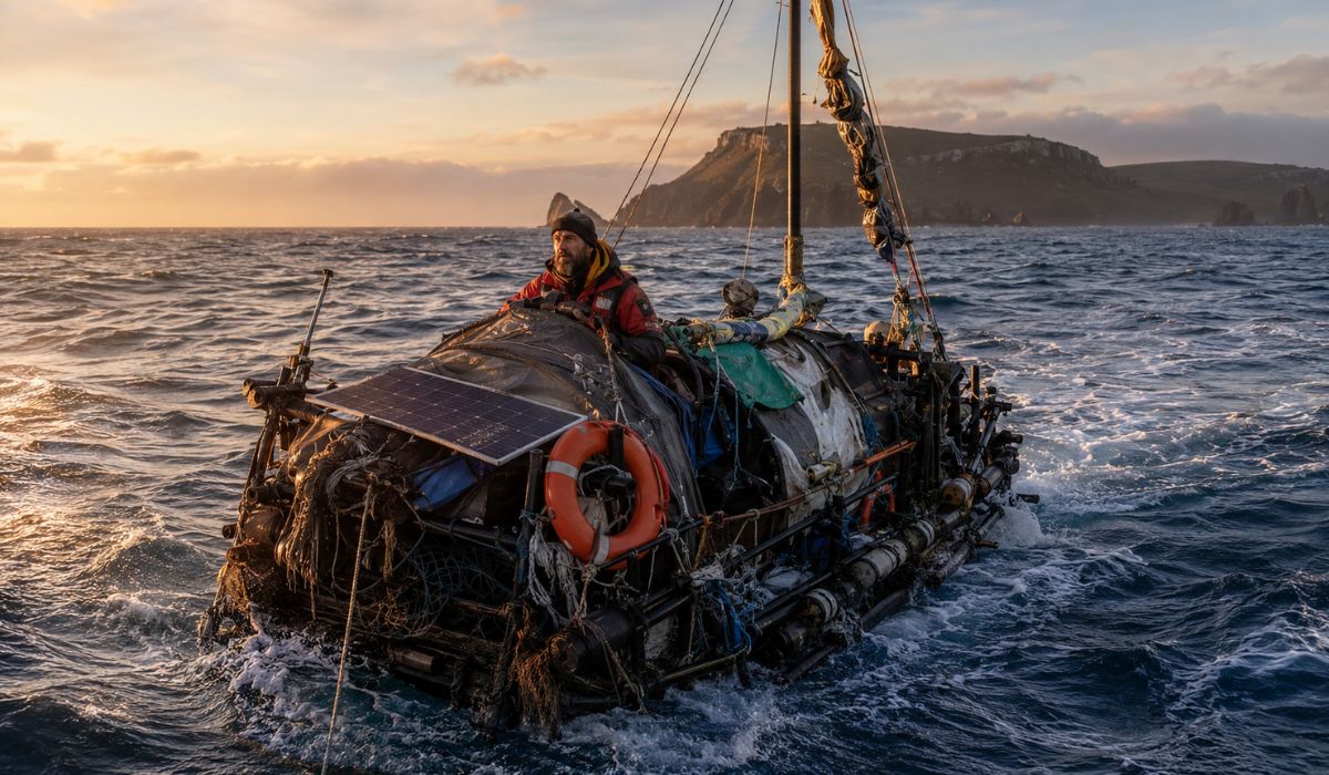 Homem cruza o Estreito de Bass em barco feito de lixo marinho, com boias, cordas e sacos de ostras reaproveitados. (Imagem: Ilustrativa)