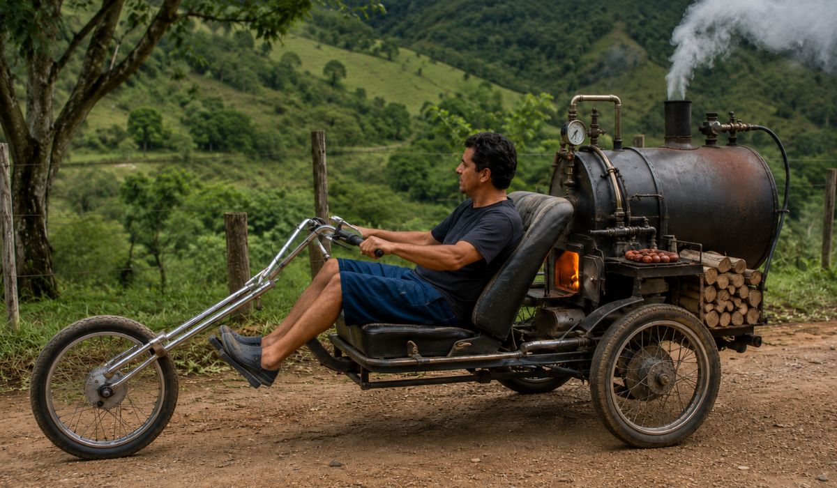 Triciclo artesanal movido a lenha usa caldeira traseira, vapor e peças reaproveitadas para rodar em estrada rural sem gasolina no campo. (Imagem: Ilustrativa)