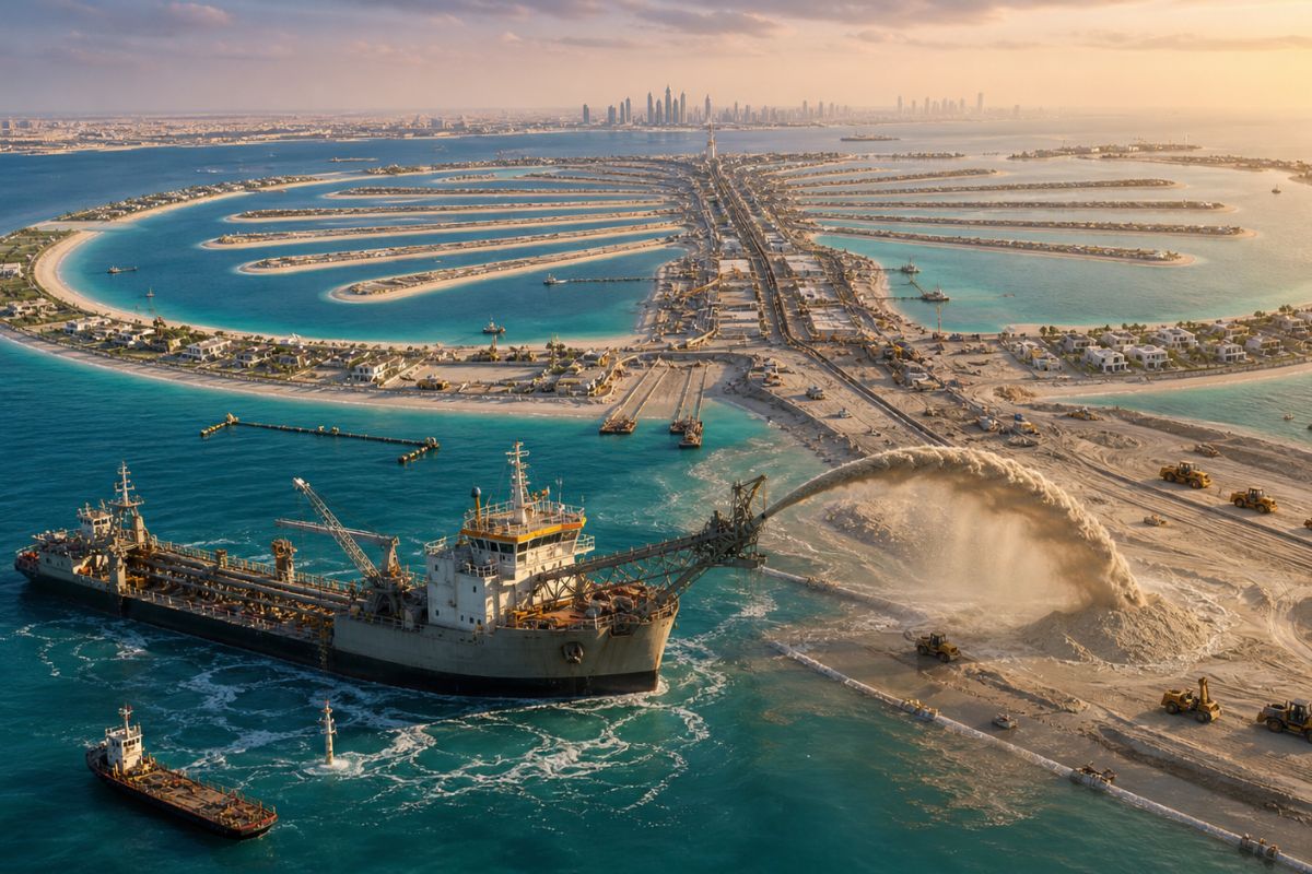 Dubai fecha contrato de 810 milhões para remover areia do fundo do mar e transformar Palm Jebel Ali em uma megailha artificial de 13,4 km, 16 extensões e 91 km de praias para vilas de
