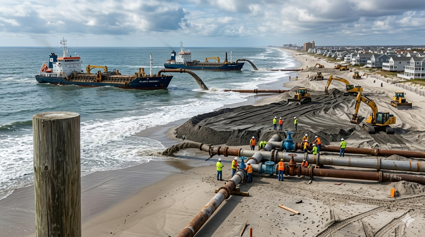 Estados Unidos começam a sugar 2,1 milhões de jardas cúbicas de areia do fundo do Atlântico para reconstruir praias de Nova Jersey em uma operação de US$ 73,5 milhões contra o avanço do mar que ameaça cidades costeiras inteiras