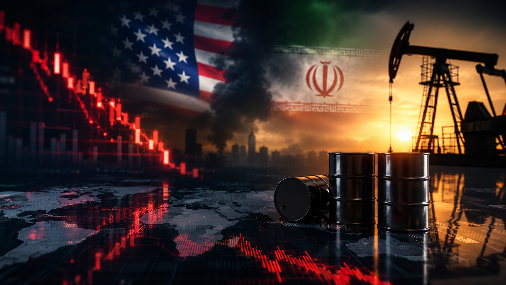 Barris de petróleo, gráfico financeiro em queda e bandeiras dos Estados Unidos e Irã representando aversão ao risco na economia global