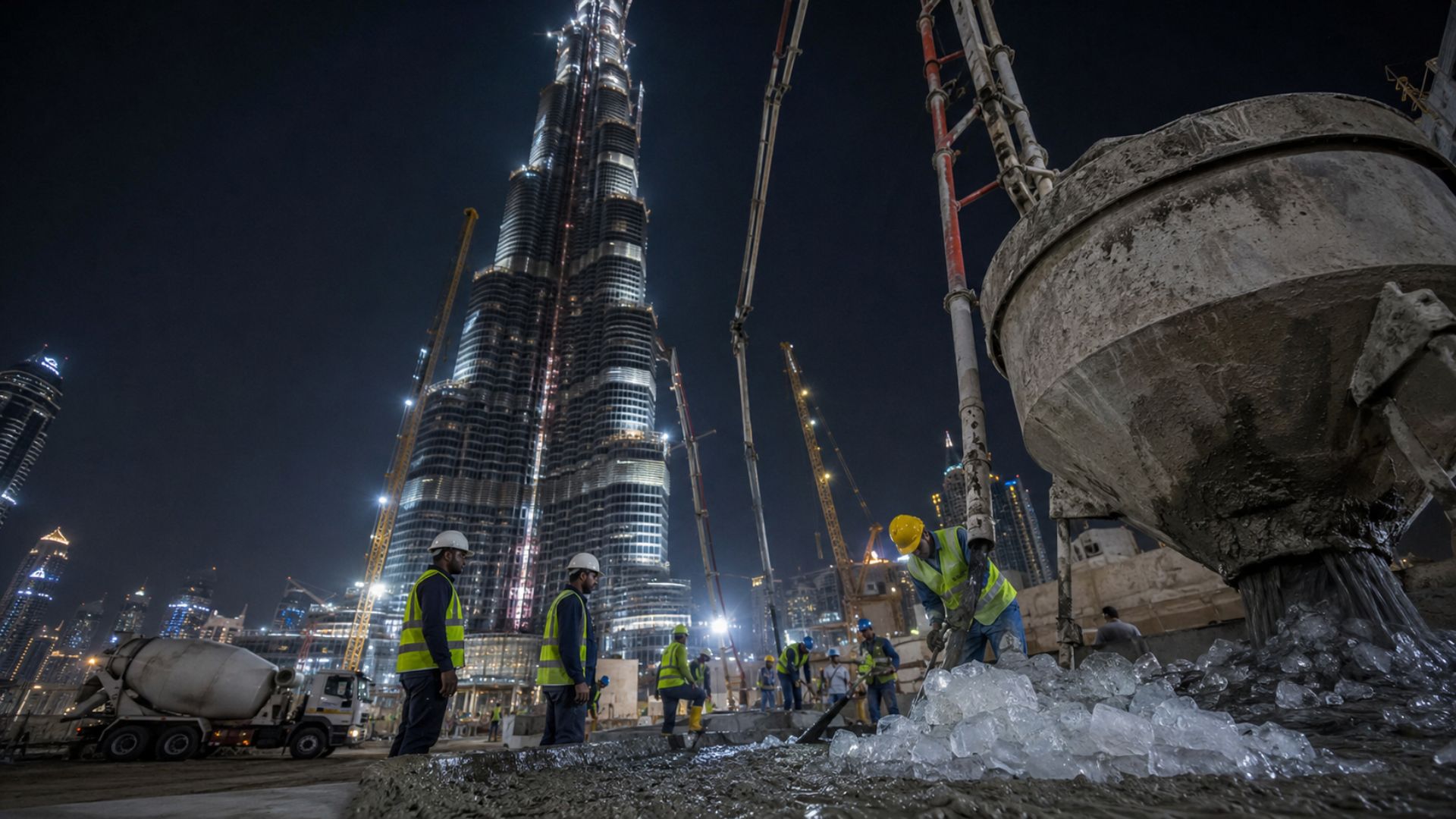 O Burj Khalifa de 828 metros exigiu concreto com gelo despejado à noite no deserto de Dubai. Cada detalhe da torre desafia a engenharia convencional.