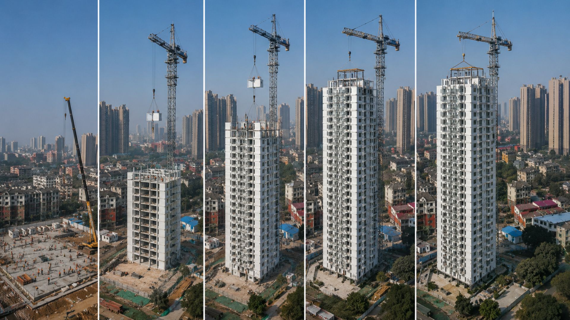 Na China, uma torre de 26 andares e 14 mil metros quadrados subiu em apenas cinco dias com cerca de 100 trabalhadores usando módulos pré-fabricados de aço inoxidável. A empresa afirma que o prédio dura mais de mil anos e pode ser desmontado e reconstruído.