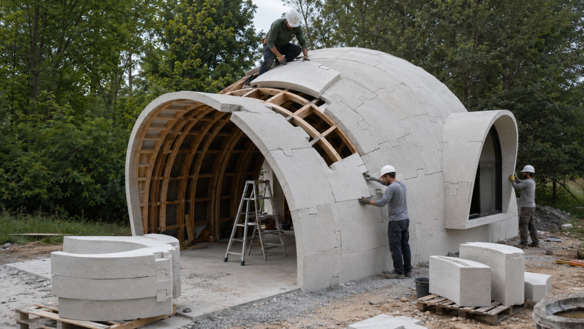 Uma equipe construiu uma casa em forma de cúpula do zero usando blocos de concreto curvos encaixados como quebra-cabeça sobre estrutura de madeira. O processo vai da impermeabilização do terreno até o fechamento completo com acabamento interno liso.
