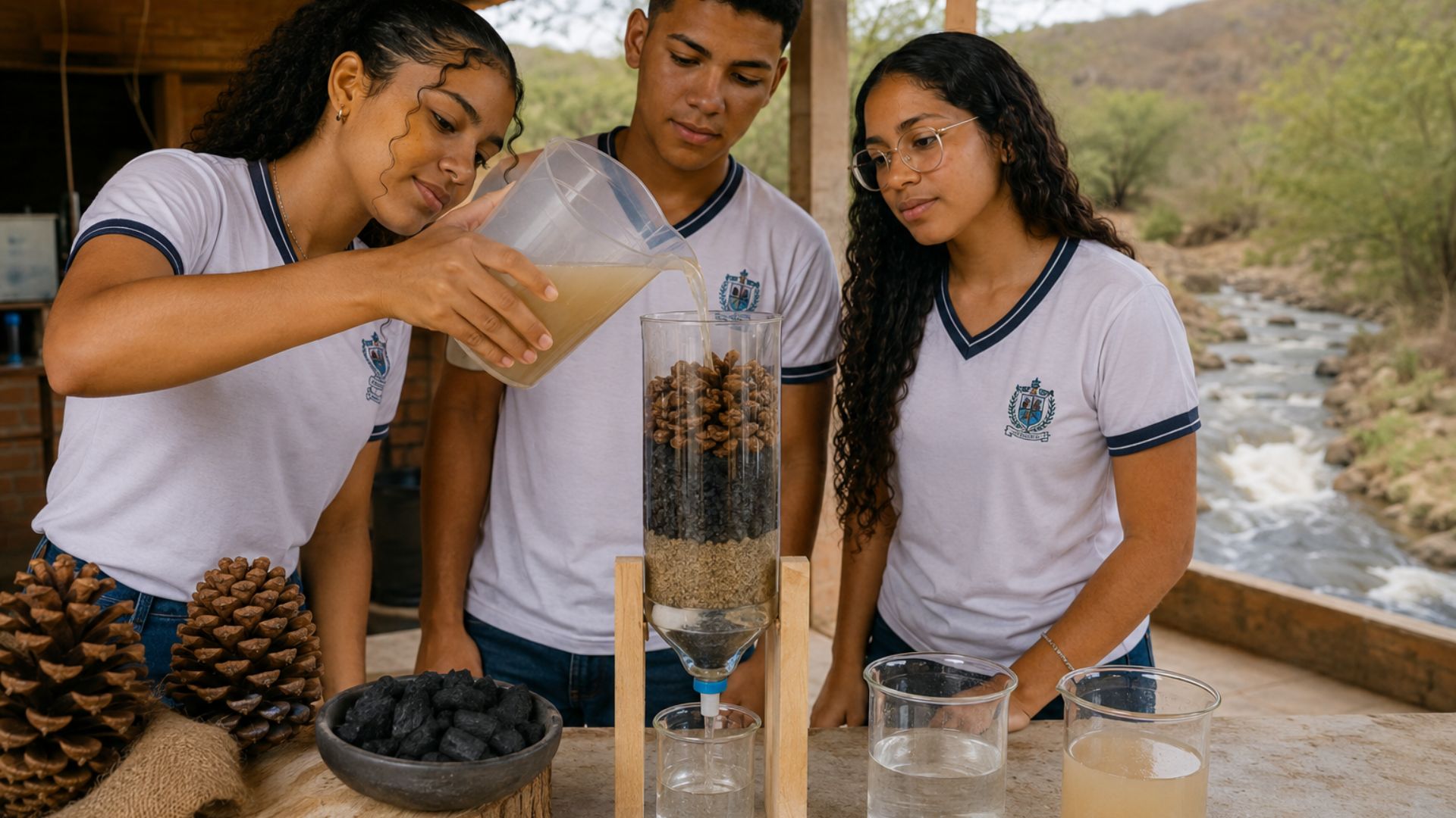 Estudantes de uma escola técnica em Pernambuco criaram um filtro feito de cascas de pinha e carvão ativado que remove a toxicidade da manipueira