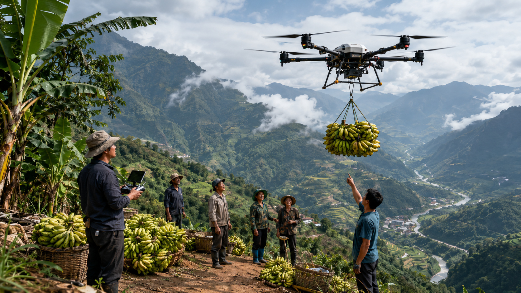 40 kg de bananas deixam de descer montanhas nas costas de trabalhadores e passam a voar por drone em Yunnan, enquanto a China forma novos pilotos rurais para transformar transporte agrícola em profissão