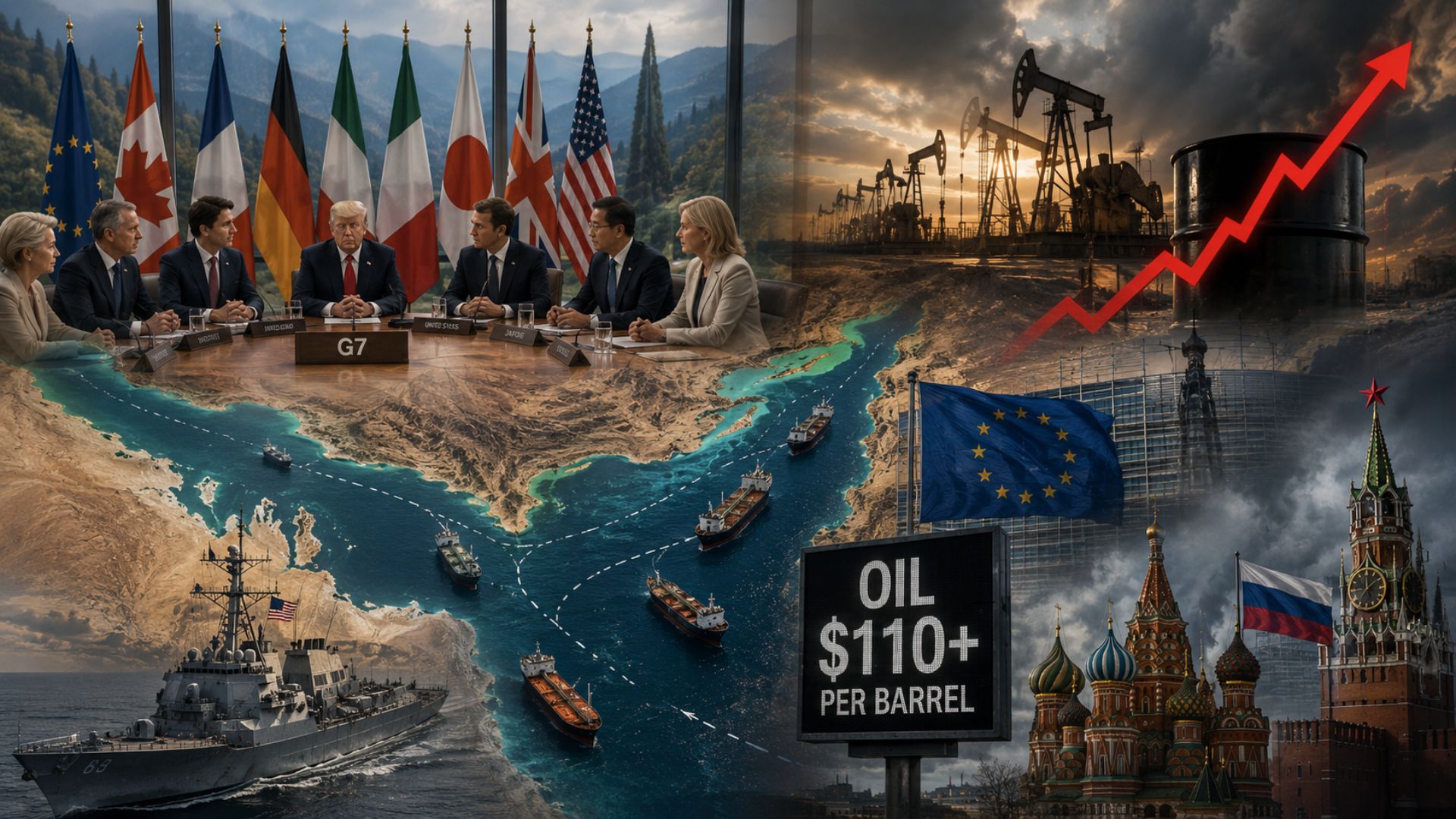 G7 pede reabertura do Estreito de Ormuz mas não define plano. EUA e UE divergem sobre sanções ao petróleo russo e economia global enfrenta riscos.