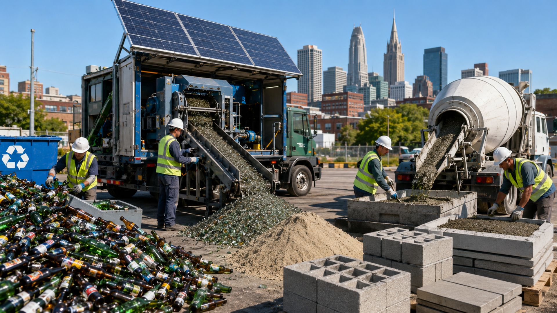 Crush Truck transforma garrafas de vidro em areia para concreto em Charlotte, em projeto de economia circular que dispensa viagens de 400 km até Atlanta.