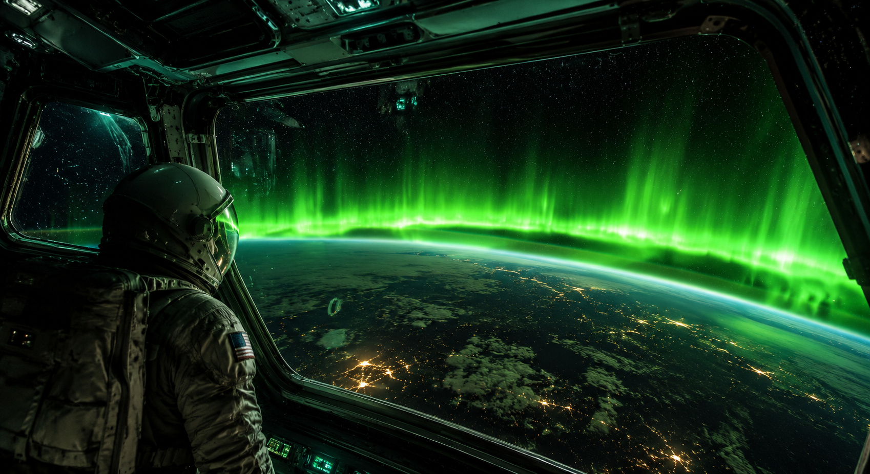 Astronauta registra aurora austral verde fluorescente a 431 quilômetros acima da Terra e captura do espaço um dos fenômenos luminosos mais impressionantes já vistos sobre o planeta durante a noite orbital