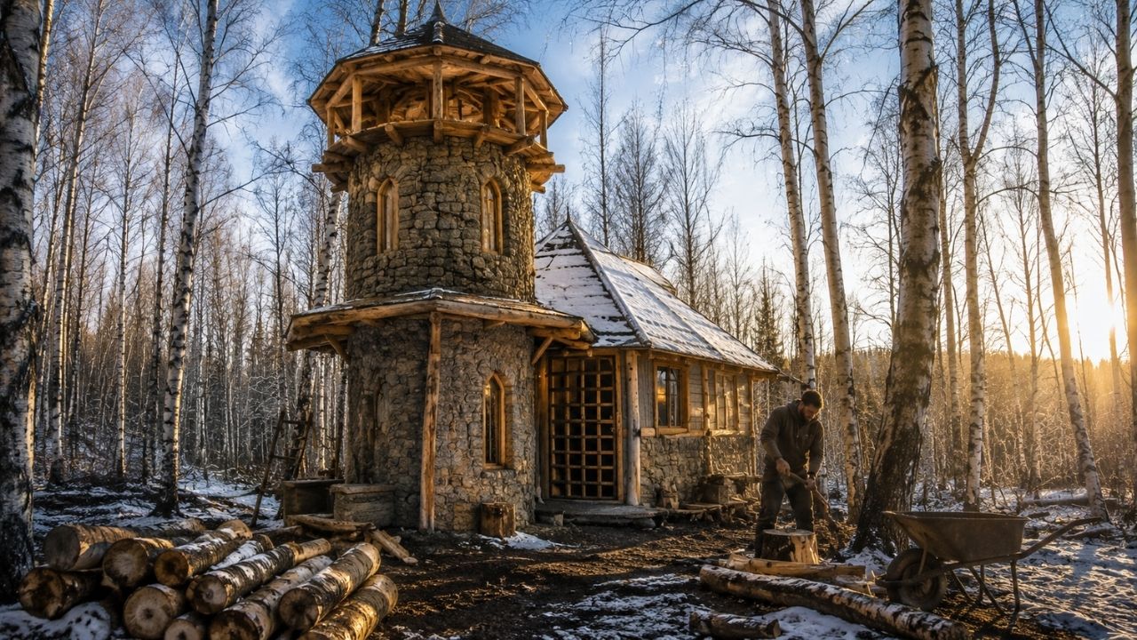 Homem constrói mini castelo na floresta com uma torre de madeira bruta, usa ferramentas simples em obra manual e transforma recursos limitados em refúgio rústico que parece sair (3)
