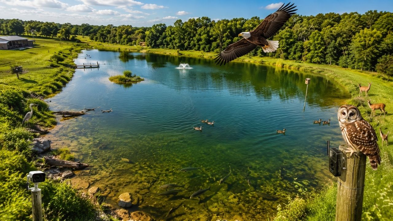 Homem construiu lago de 5 acres para criar bass, mas após 1.000 dias o projeto virou santuário selvagem com águias, cervos, patos, corujas e câmeras ao vivo que transformaram (6)