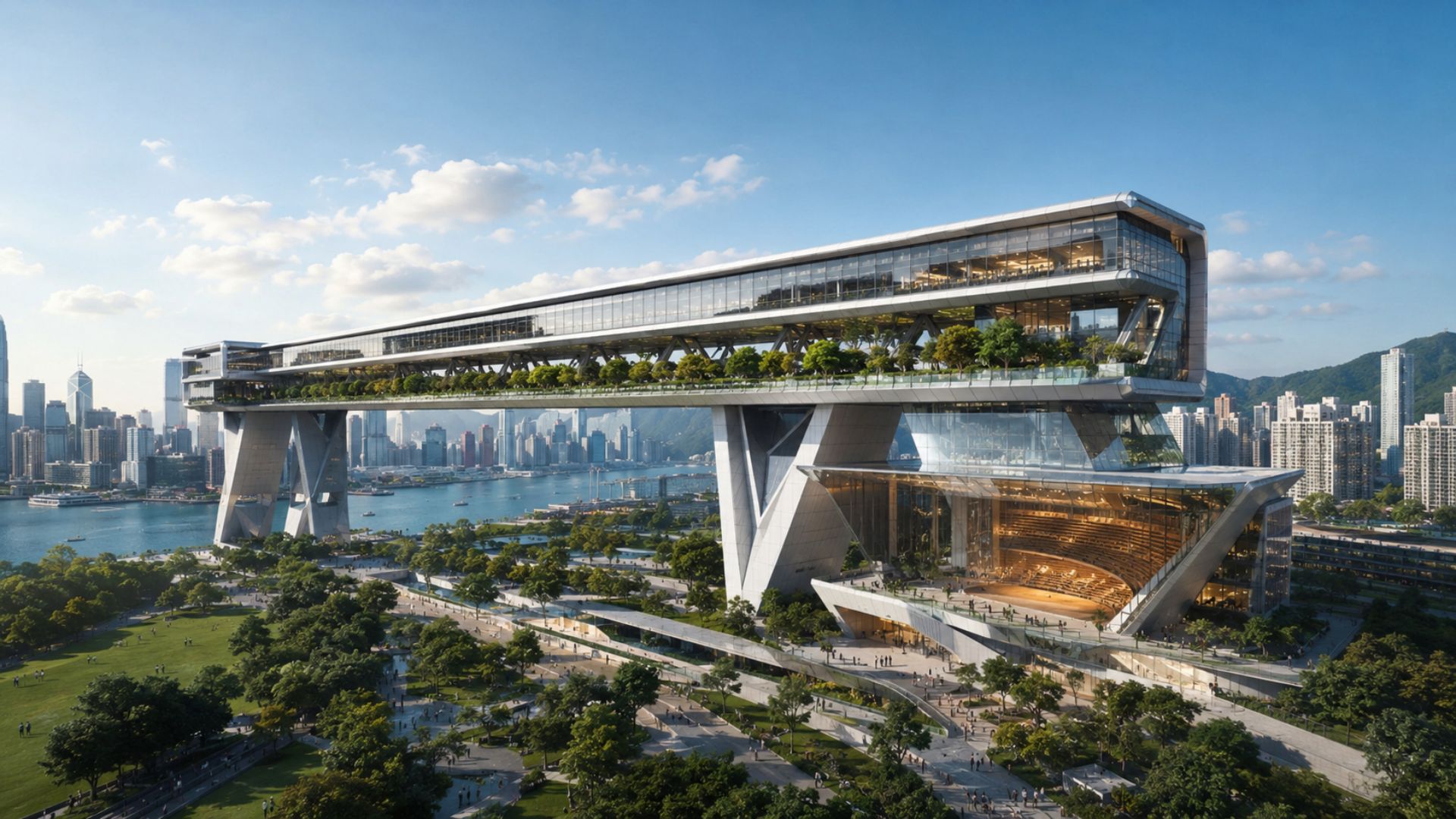 Hong Kong terá em 2027 o Central Yards, um arranha-céu horizontal de 400 metros à beira do Victoria Harbour, com jardim suspenso, teatro e foco em espaço público.