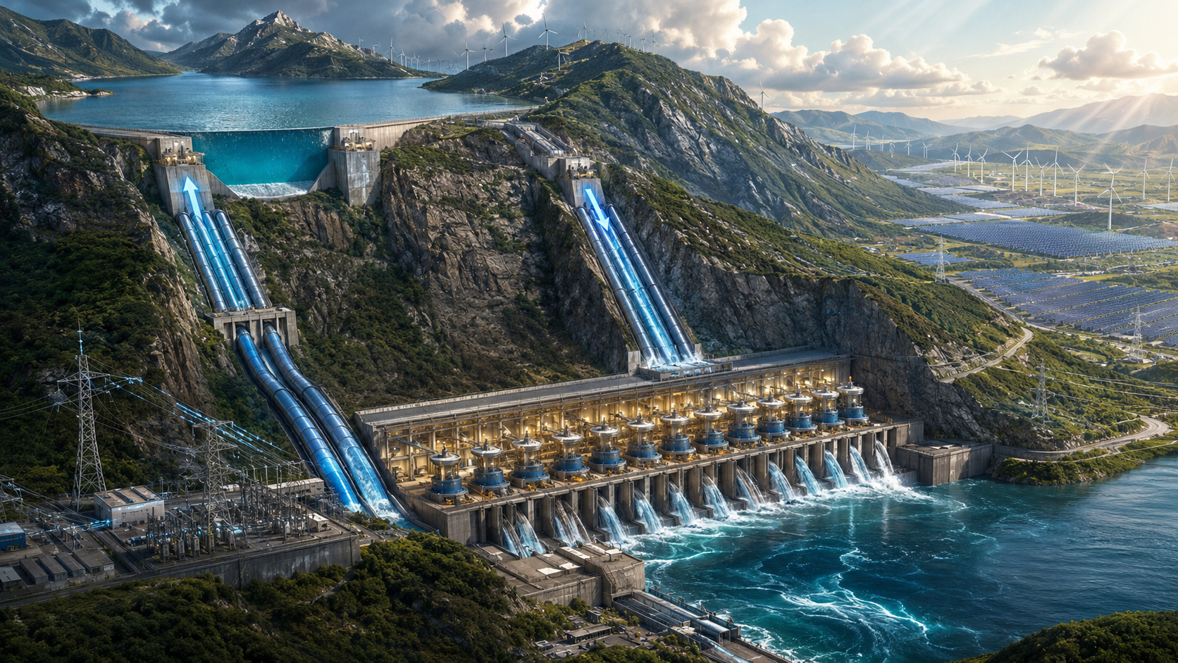 China surpreendeu o mundo ao transformar montanhas em uma “bateria de água” de 3,6 GW com 12 turbinas reversíveis de 300 MW, bombeia água para o alto quando sobra energia e devolve eletricidade à rede quando vento e sol desaparecem