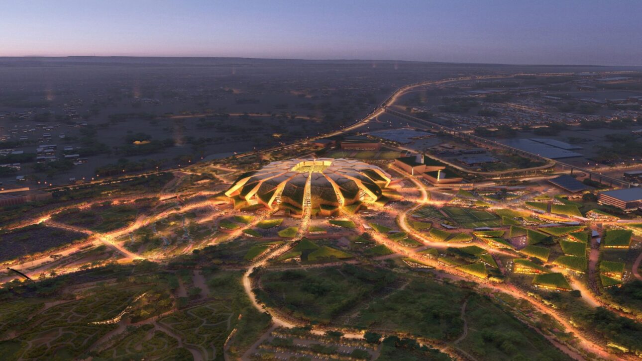 Arábia Saudita revela estádio de 92 mil lugares inspirado em semente no deserto para a Copa do Mundo de 2034.