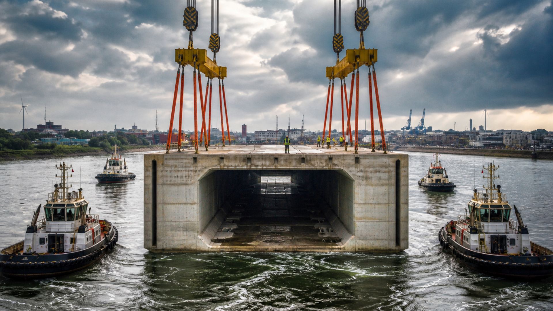 Bélgica constrói túnel imerso em Antuérpia com blocos gigantes para aliviar gargalos logísticos e melhorar mobilidade urbana.