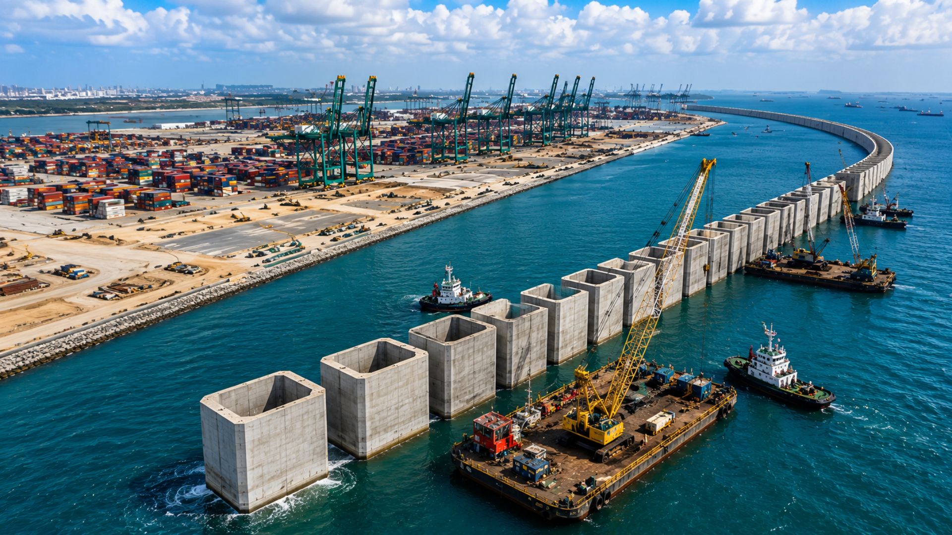 Singapura constrói megaporto automatizado com 66 berços, 65 milhões de contêineres por ano e muralhas submarinas.