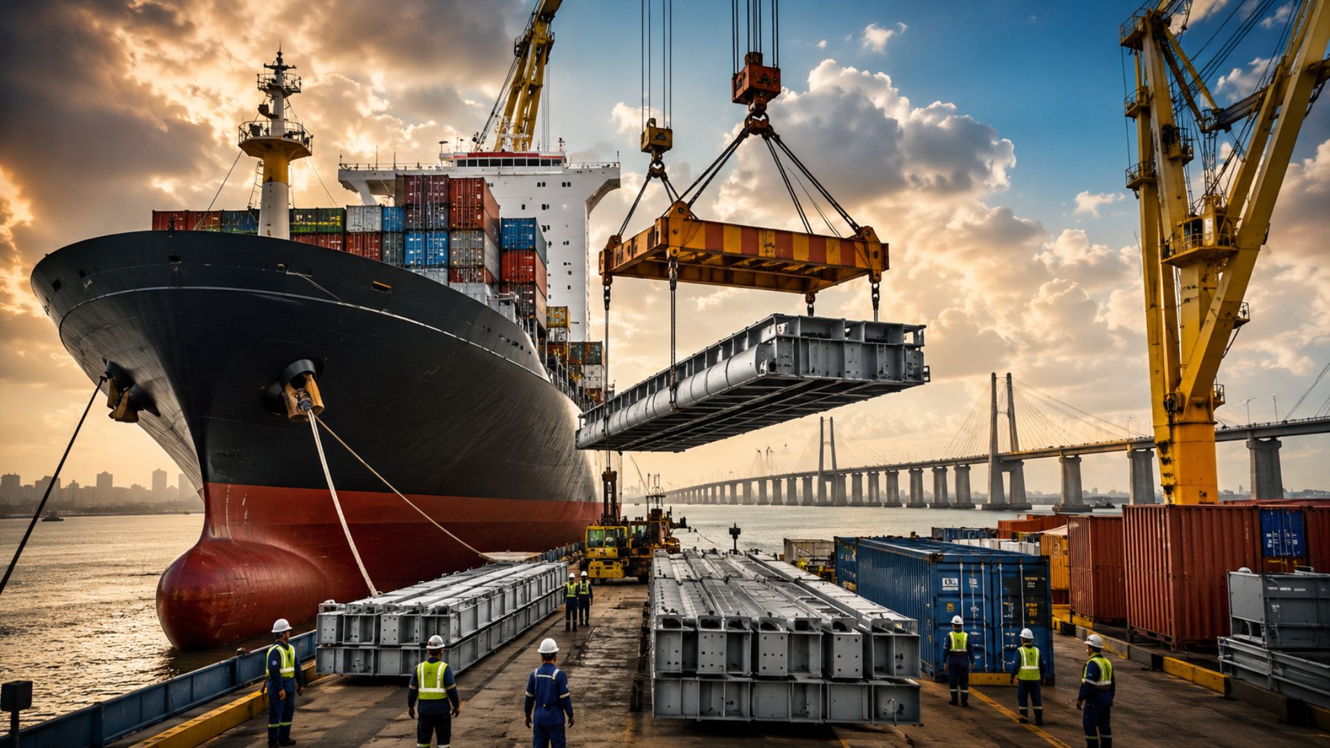 Navio chinês chega a Salvador com 800 toneladas de equipamentos para iniciar as fundações da Ponte Salvador-Itaparica na Bahia.