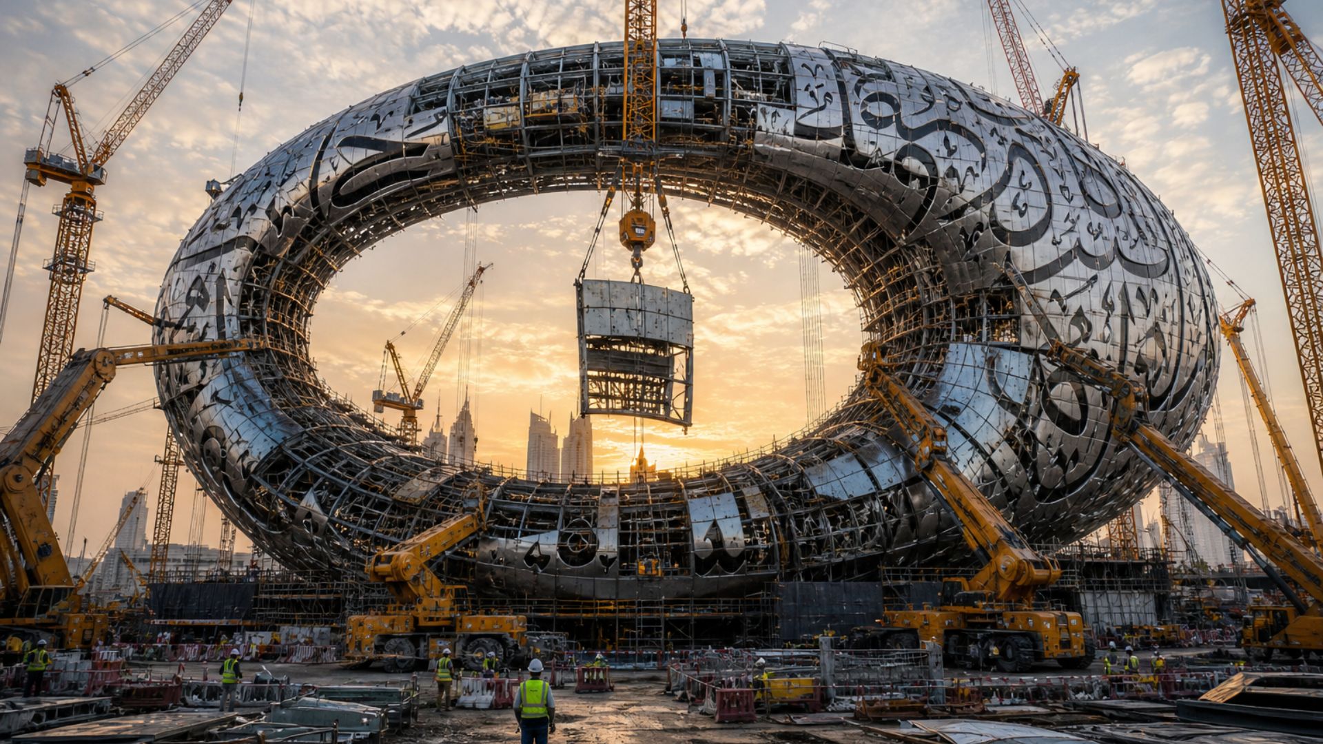 Conheça o museu em forma de anel em Dubai com 77 metros, sem pilares internos e fachada robótica com 1.024 painéis de aço.