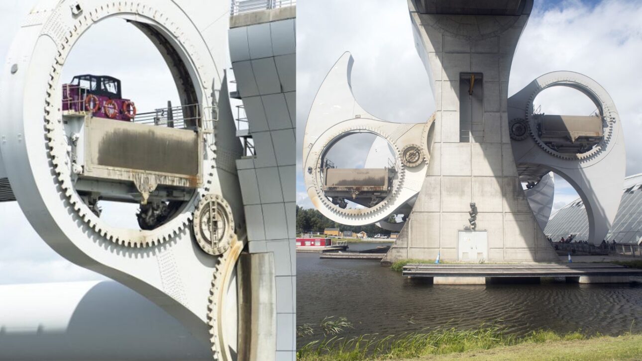Falkirk Wheel usa energia equivalente a oito chaleiras para elevar barcos entre canais na Escócia em poucos minutos.