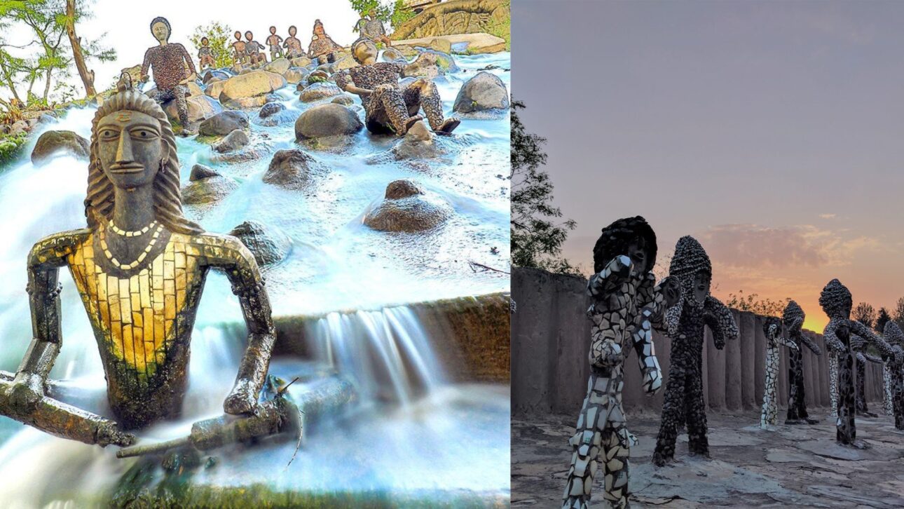 Rock Garden transforma lixo reciclado em esculturas, cachoeiras e labirintos artísticos em Chandigarh, no norte da Índia.