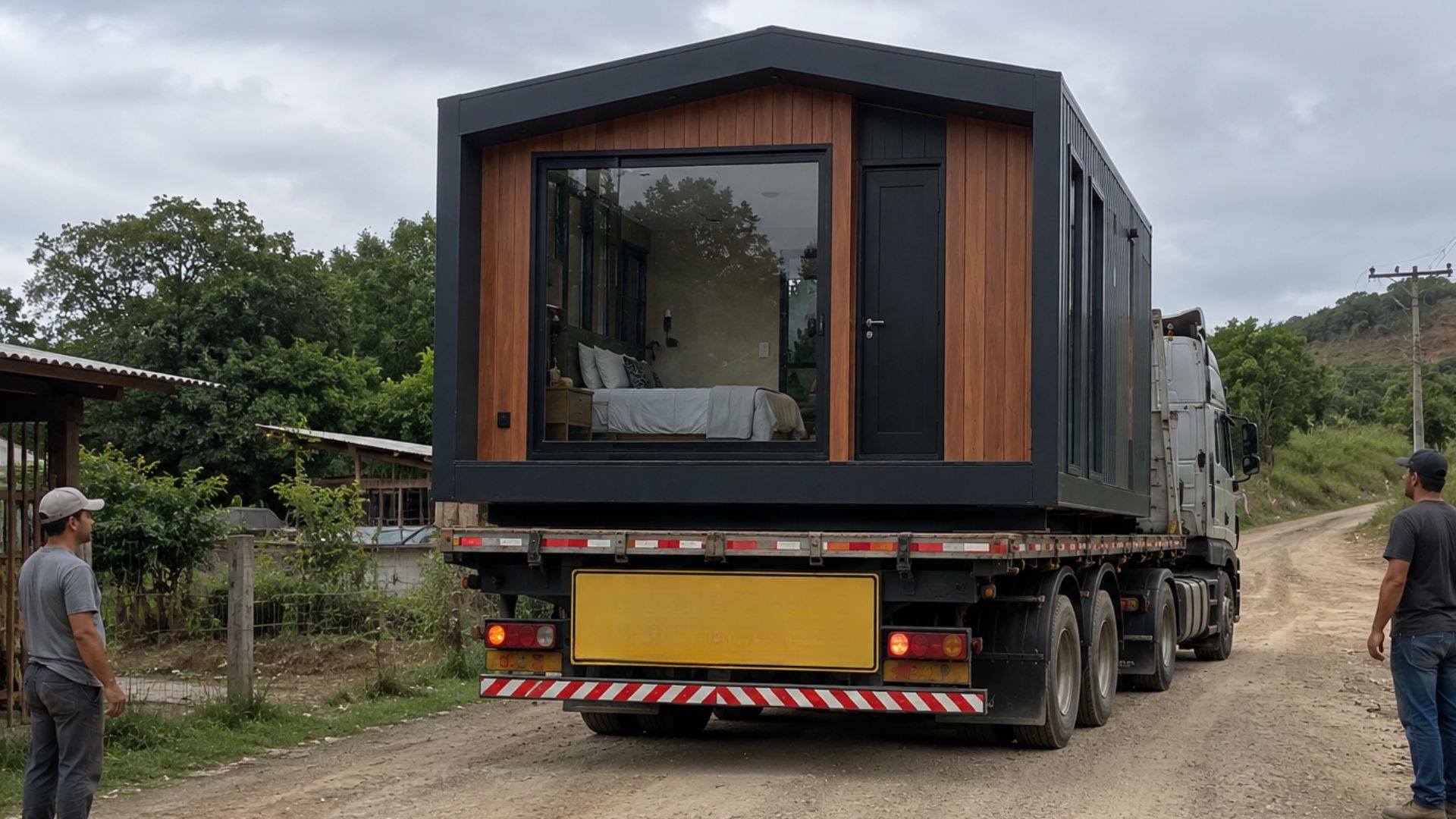 Casa modular de 26 m² reúne quarto, sala, cozinha, banheiro e closet em módulo entregue pronto para instalação rápida.