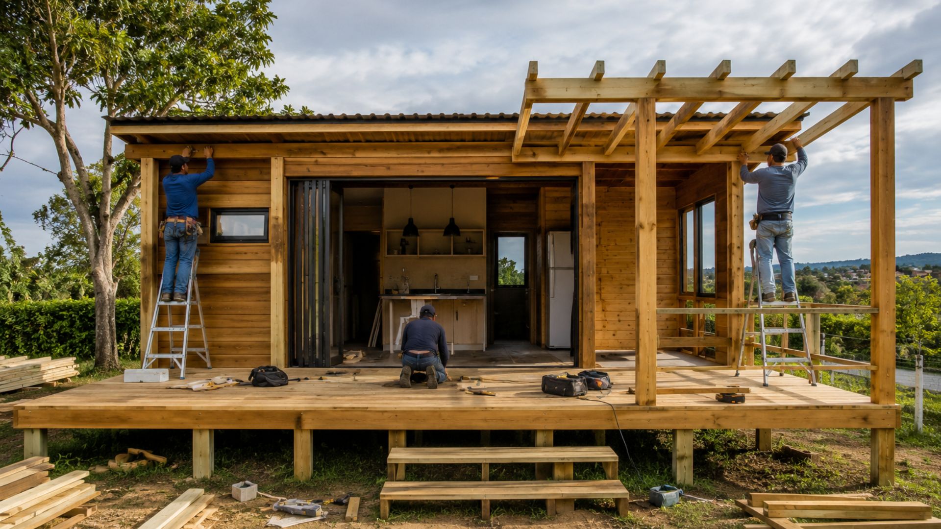 Casa pré-fabricada de 38 m² com deck e pergolado é anunciada por R$ 57.990 para Airbnb e moradia compacta.