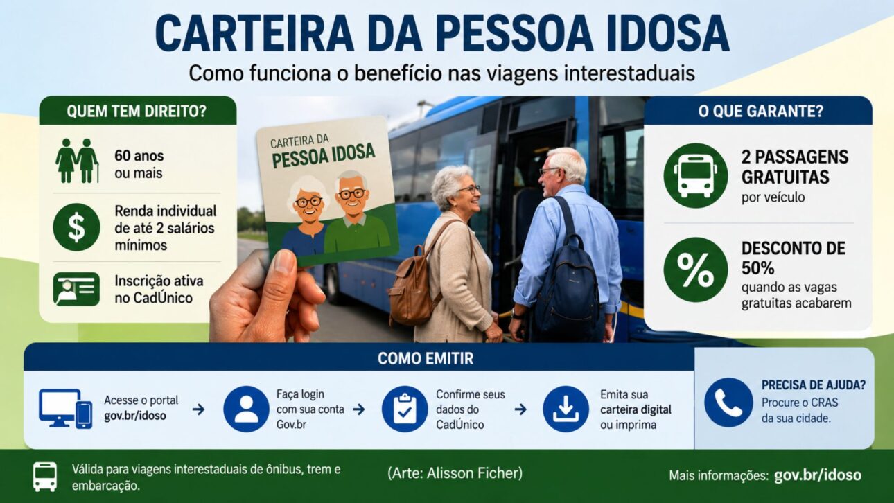 Carteira da Pessoa Idosa garante passagens interestaduais grátis ou com 50% de desconto; veja quem tem direito e como emitir.