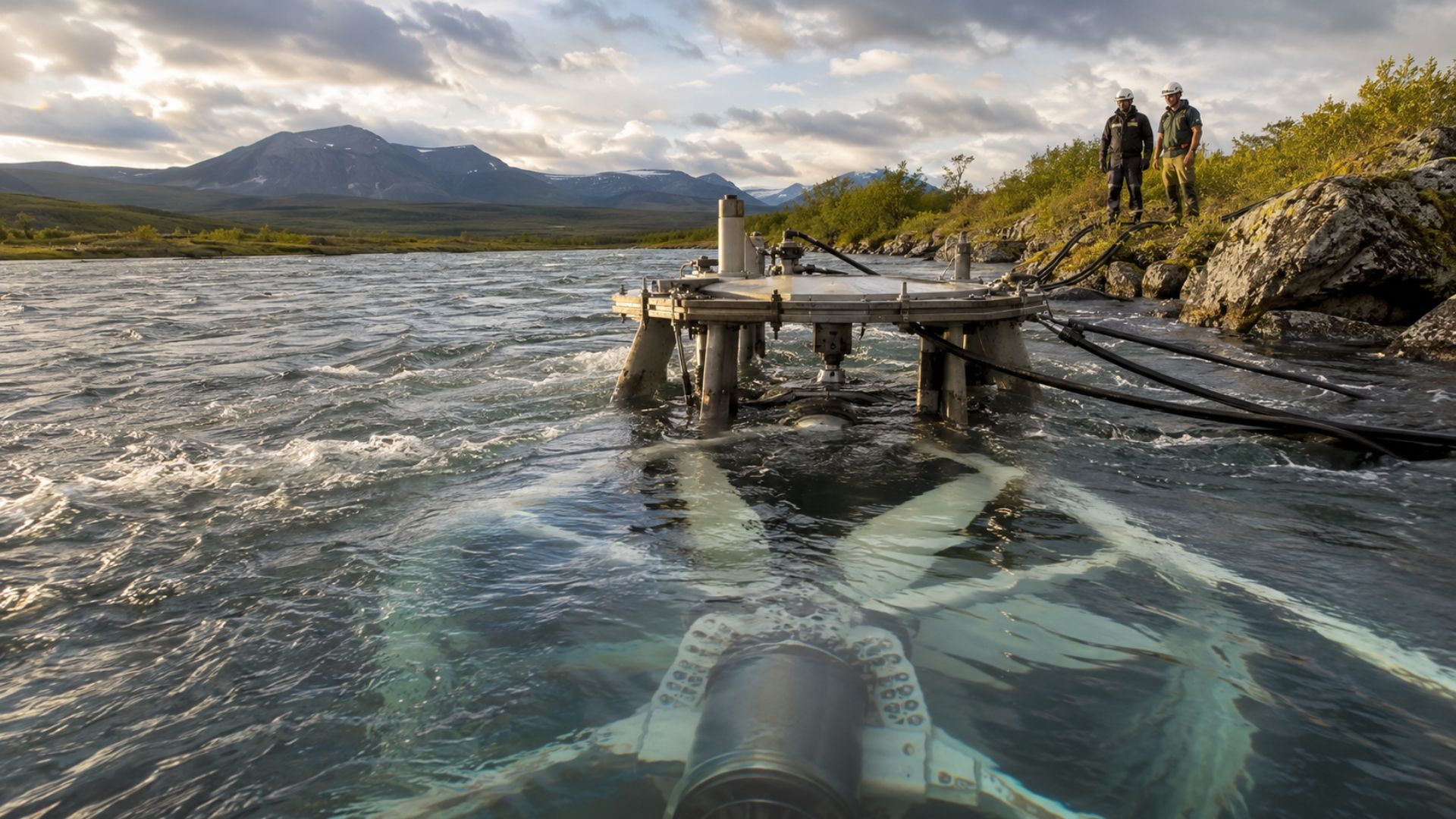Sistema submerso no rio Kvichak usa a força da correnteza para gerar energia renovável em vila isolada do Alasca.