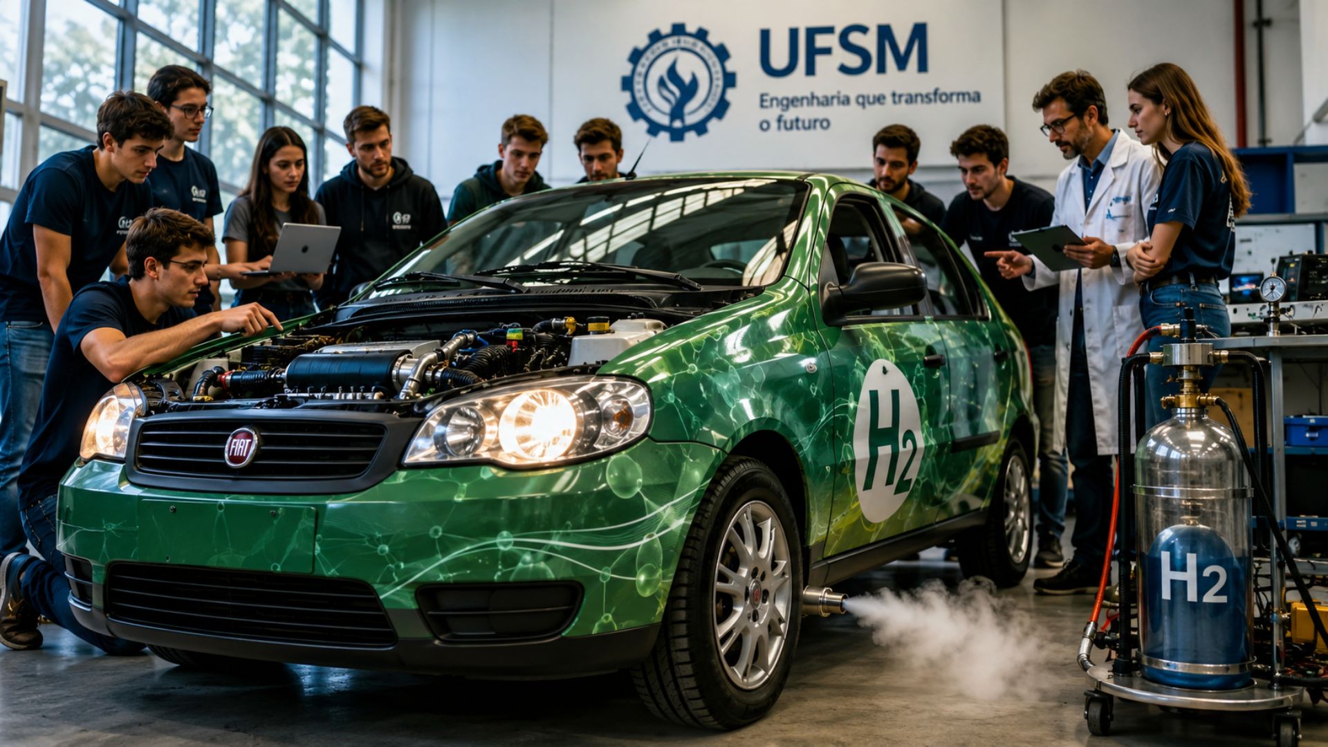 Fiat Siena da UFSM é convertido para usar hidrogênio em motor de combustão interna e testa tecnologia de baixa emissão no Brasil.