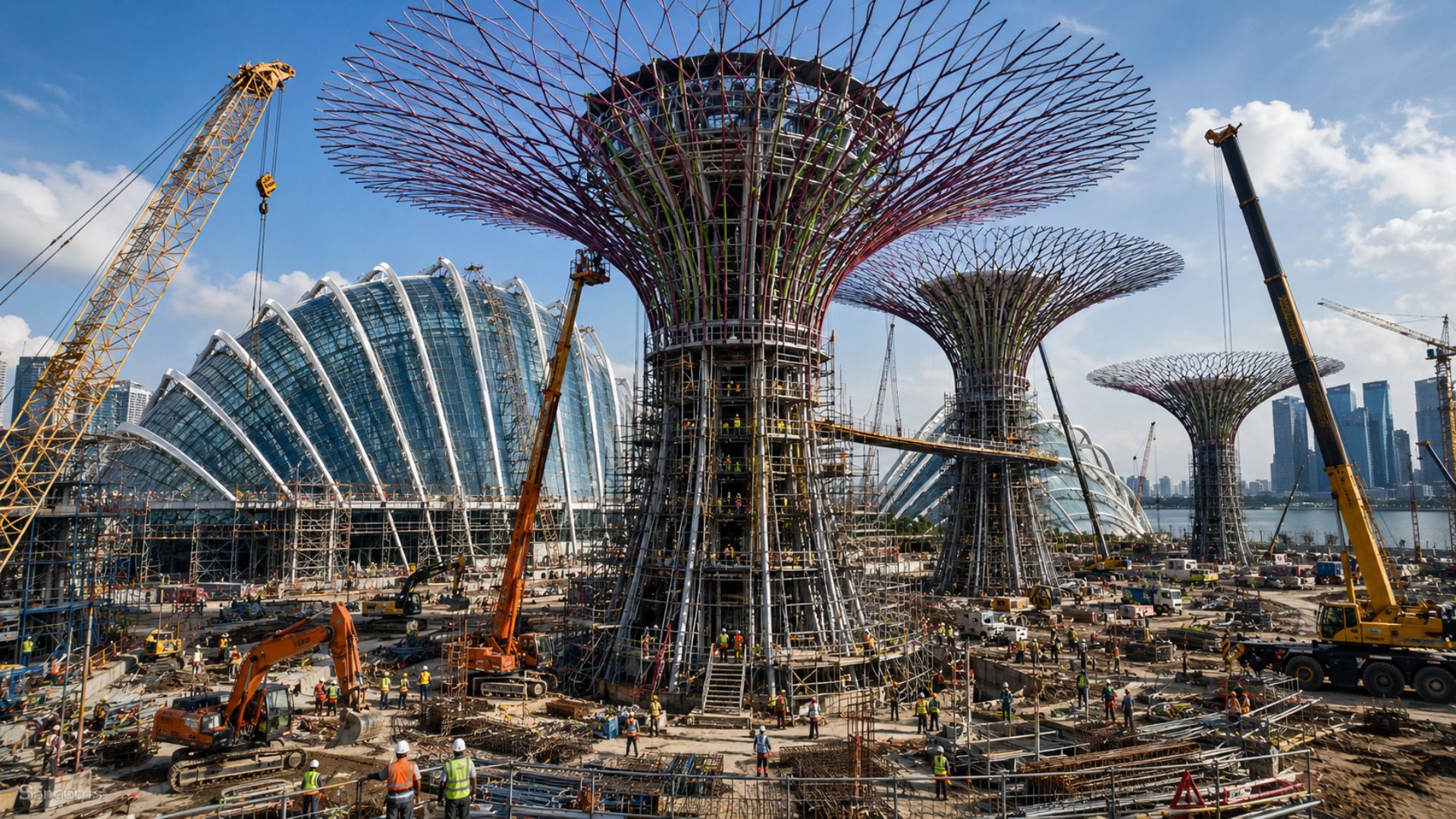 Conheça o megaprojeto de Singapura construído sobre o mar com superárvores, estufas gigantes e tecnologia sustentável.