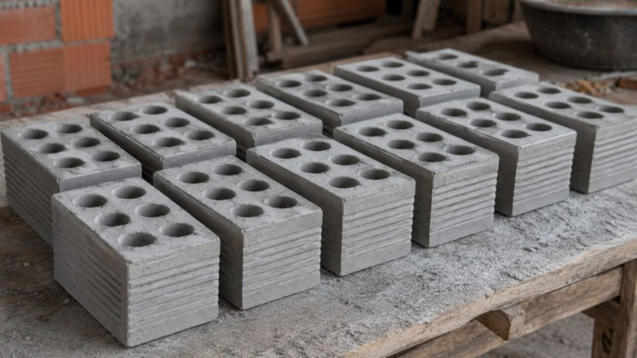 Aprenda a fazer tijolos manuais com 8 furos usando forma de madeira, PVC e traço 4:1 para construir gastando menos.