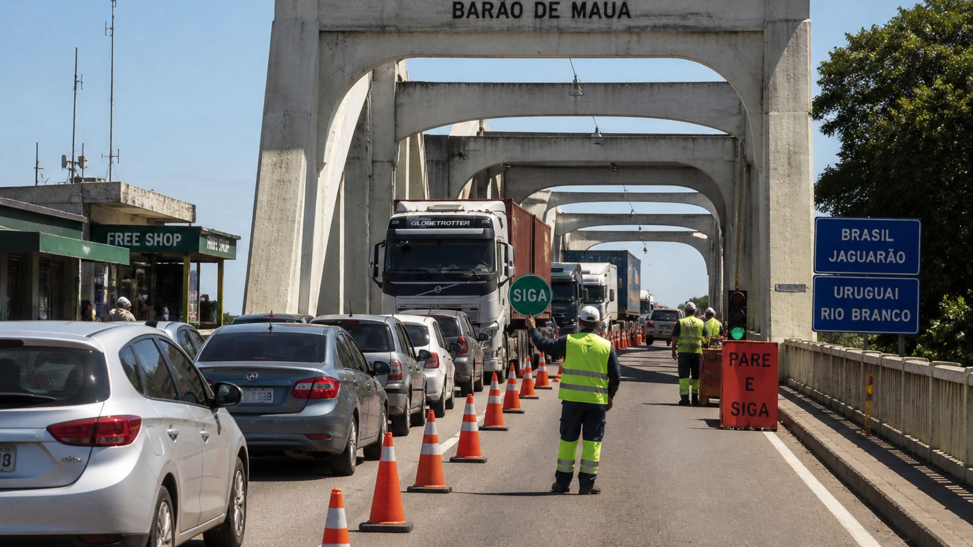 Obras na Ponte Barão de Mauá causam filas de até 40 minutos e derrubam movimento de comércios e free shops na fronteira Brasil-Uruguai.