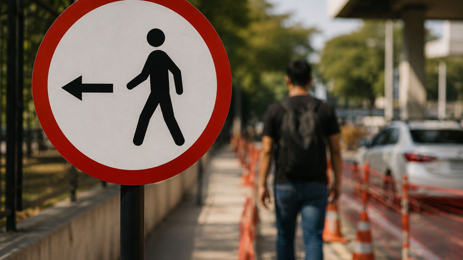 Entenda o que significa a placa R-30, Pedestre, ande pela esquerda, e por que ela orienta a circulação em obras e estacionamentos.