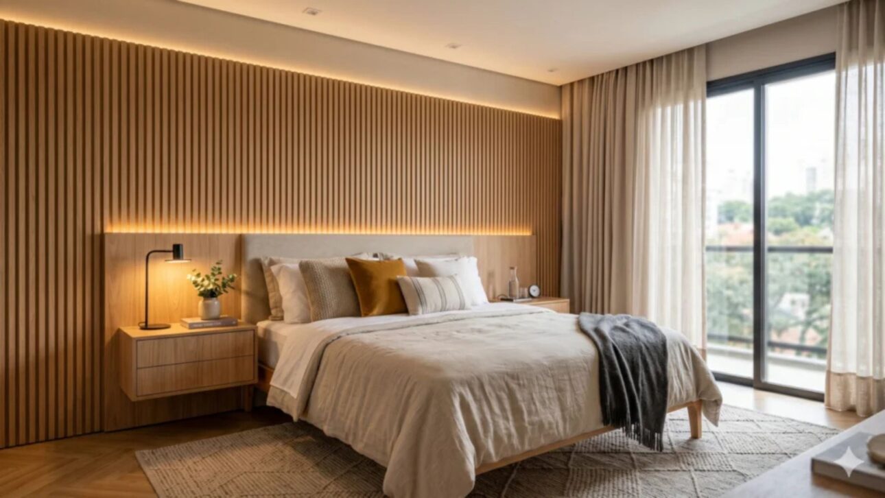 Paredes inteligentes com painéis ripados, iluminação indireta e soluções acústicas mudam a decoração de quartos em 2026.