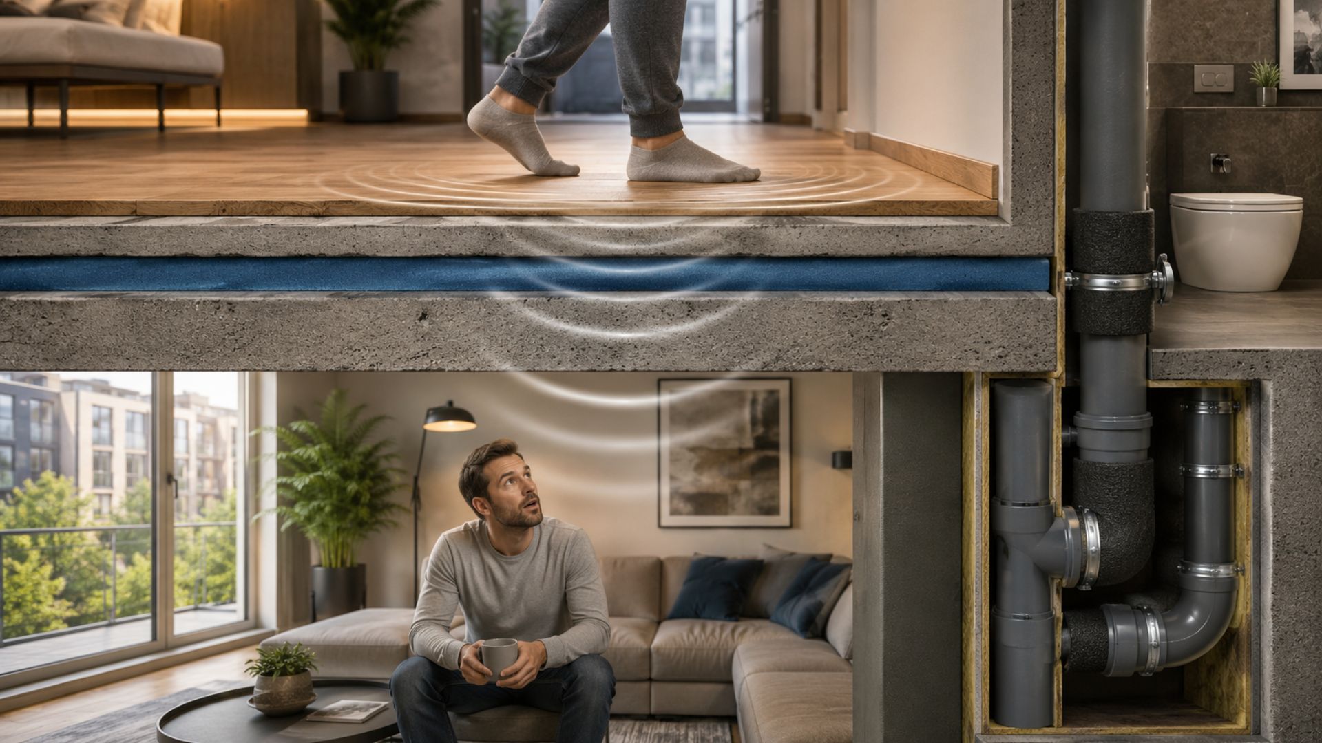 Entenda como piso flutuante e tubulações acústicas reduzem ruídos de passos e descargas em apartamentos na Europa Central.