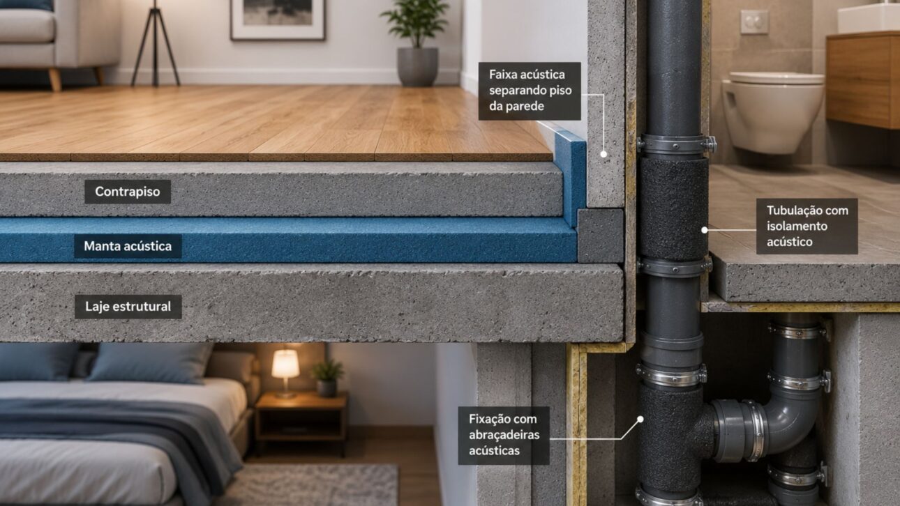 Entenda como piso flutuante e tubulações acústicas reduzem ruídos de passos e descargas em apartamentos na Europa Central.