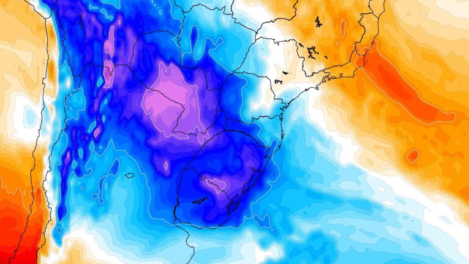 Nova massa de ar polar derruba temperaturas no Sul, provoca geada ampla e leva friagem até áreas da Amazônia nesta semana. (Imagem: MetSul)