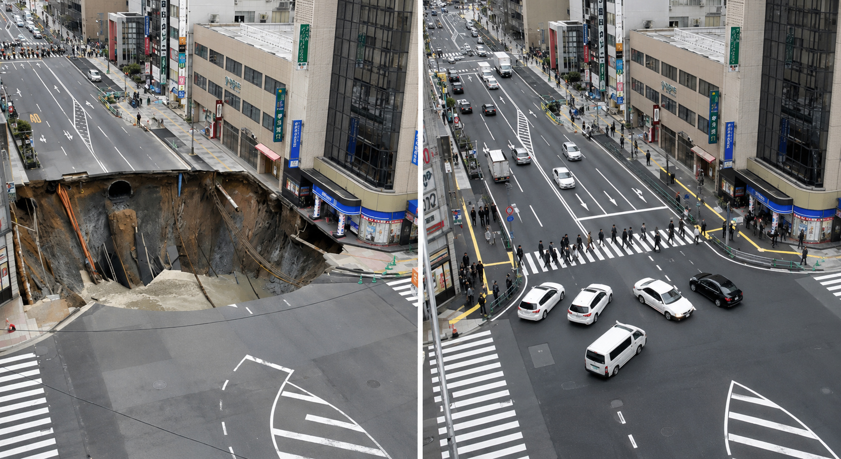 Enquanto uma cratera gigante poderia interditar uma avenida por meses, o Japão reconstruiu em apenas 7 dias uma rua engolida por um buraco de 20 metros em Fukuoka, religando água, luz, gás e tráfego como se nada tivesse acontecido