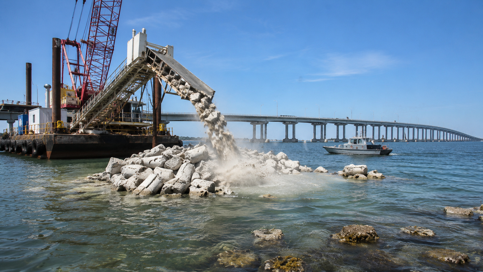 Engenheiros da Virgínia transformam 100 mil toneladas de concreto demolido da ponte Hampton Roads em recifes artificiais