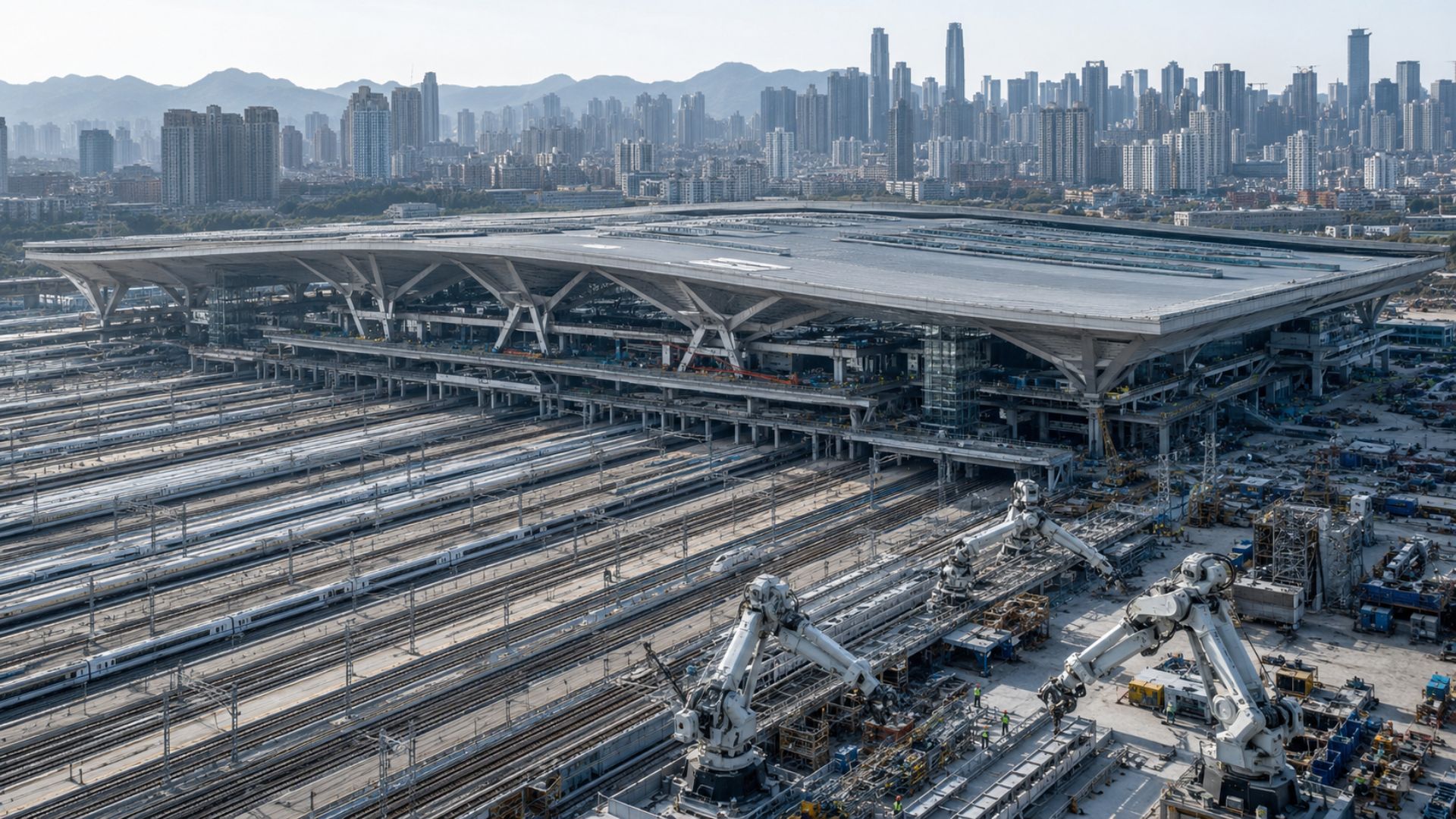 A Estação Leste de Chongqing, na China, foi construída em 38 meses com robôs e virou um dos maiores terminais do mundo, com 15 plataformas, 29 trilhos e 8 andares.