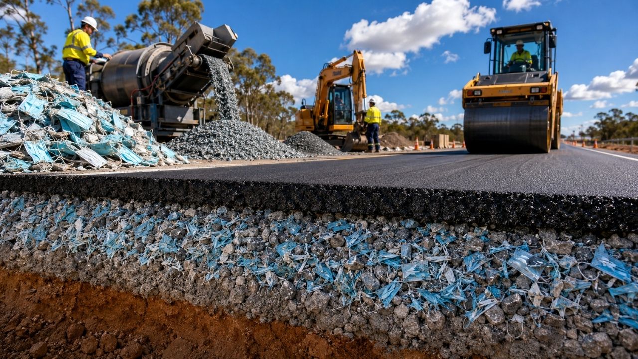 Máscaras descartáveis que iriam para o lixo podem virar base de estrada na Austrália, onde pesquisadores da RMIT misturaram EPI triturado com entulho de construção reciclado (2)