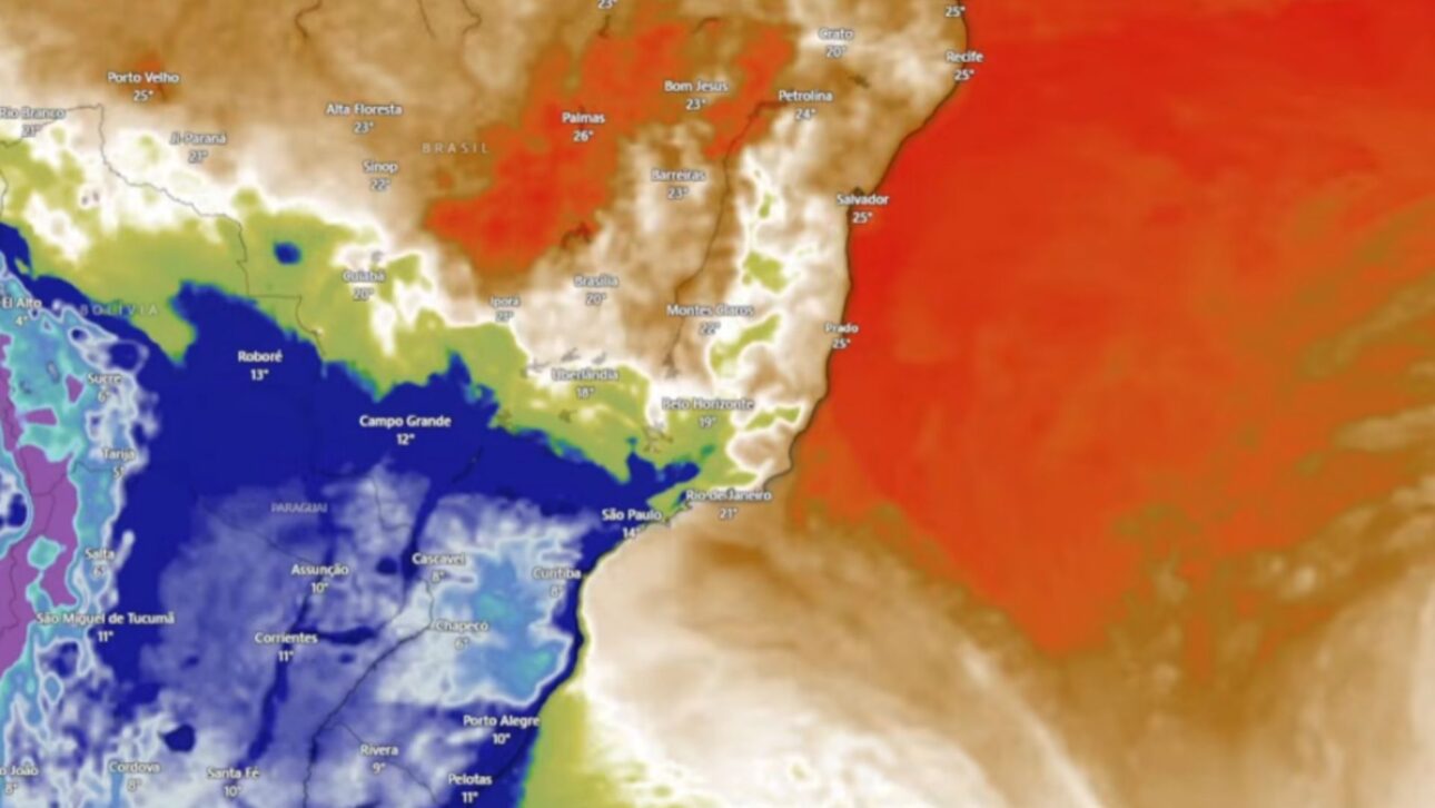 Massa de ar frio vira onda de frio com frente fria, temporais e ciclone antes da queda mais forte no Sul e no Sudeste.