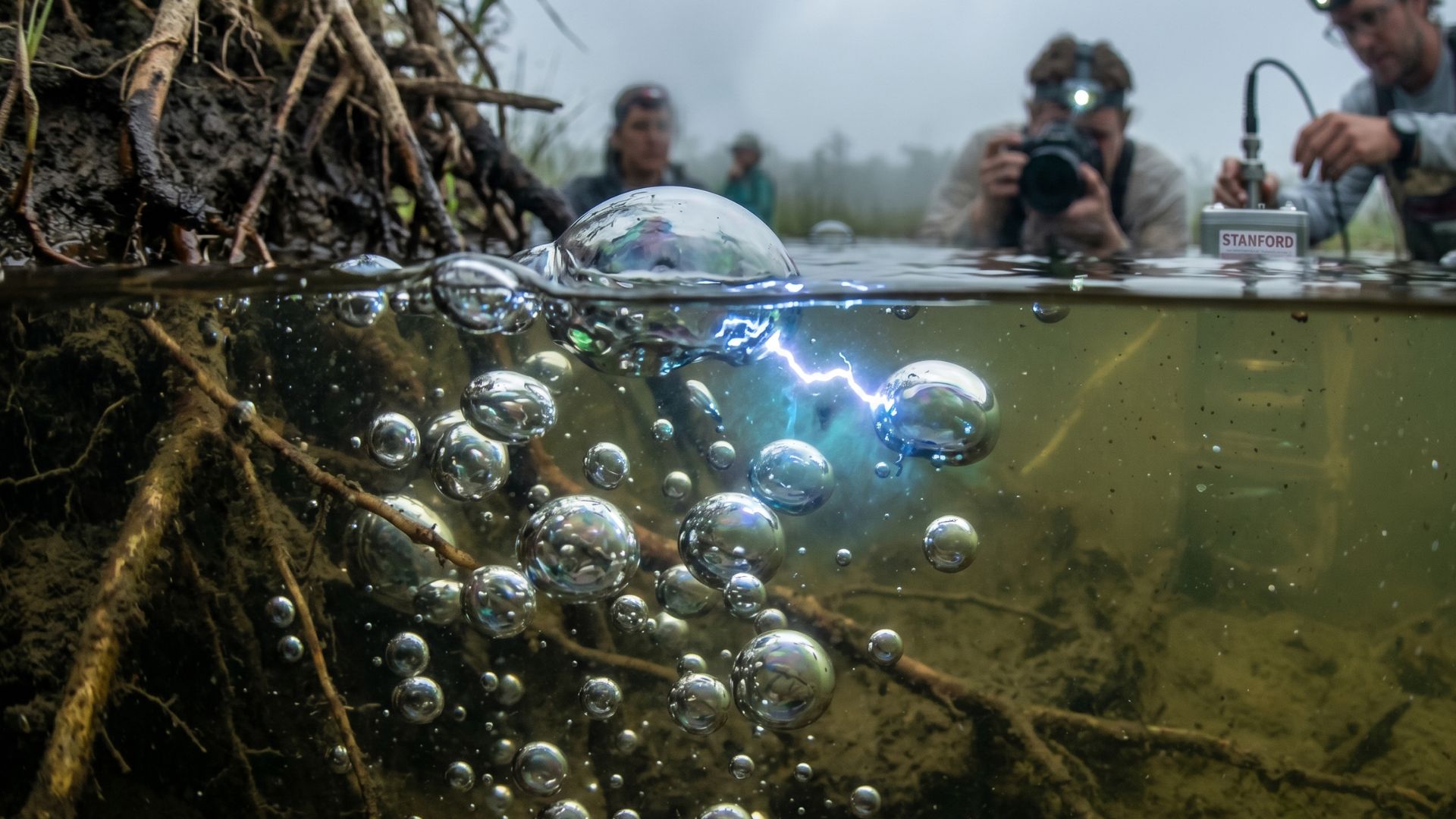 Microrrelâmpagos filmados por cientistas de Stanford entre bolhas de metano na água acendem alerta climático ao revelar que o brilho fantasma dos pântanos pode oxidar um dos gases mais perigosos do aquecimento global