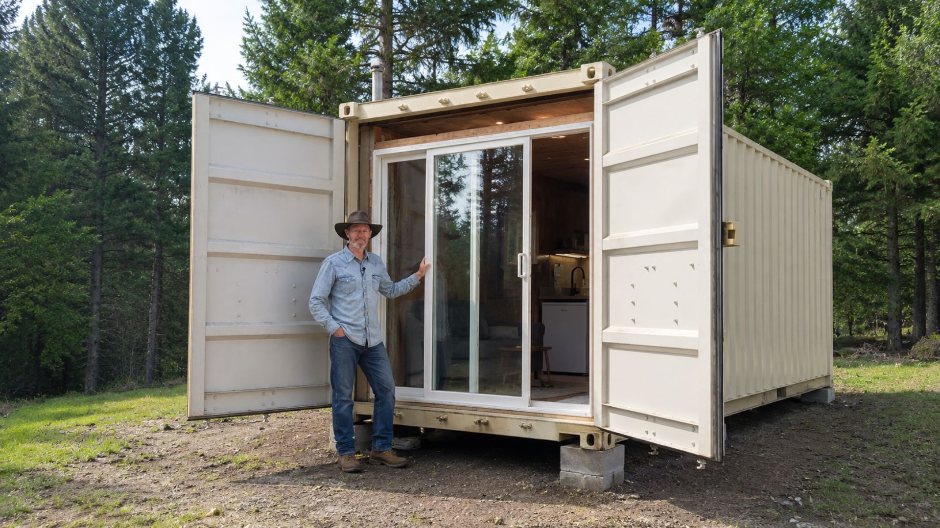 Morador construiu casa em container marítimo gastando menos de US$ 2 mil em materiais, sem cortes ou soldas. Estrutura é móvel e resistente a incêndios florestais.