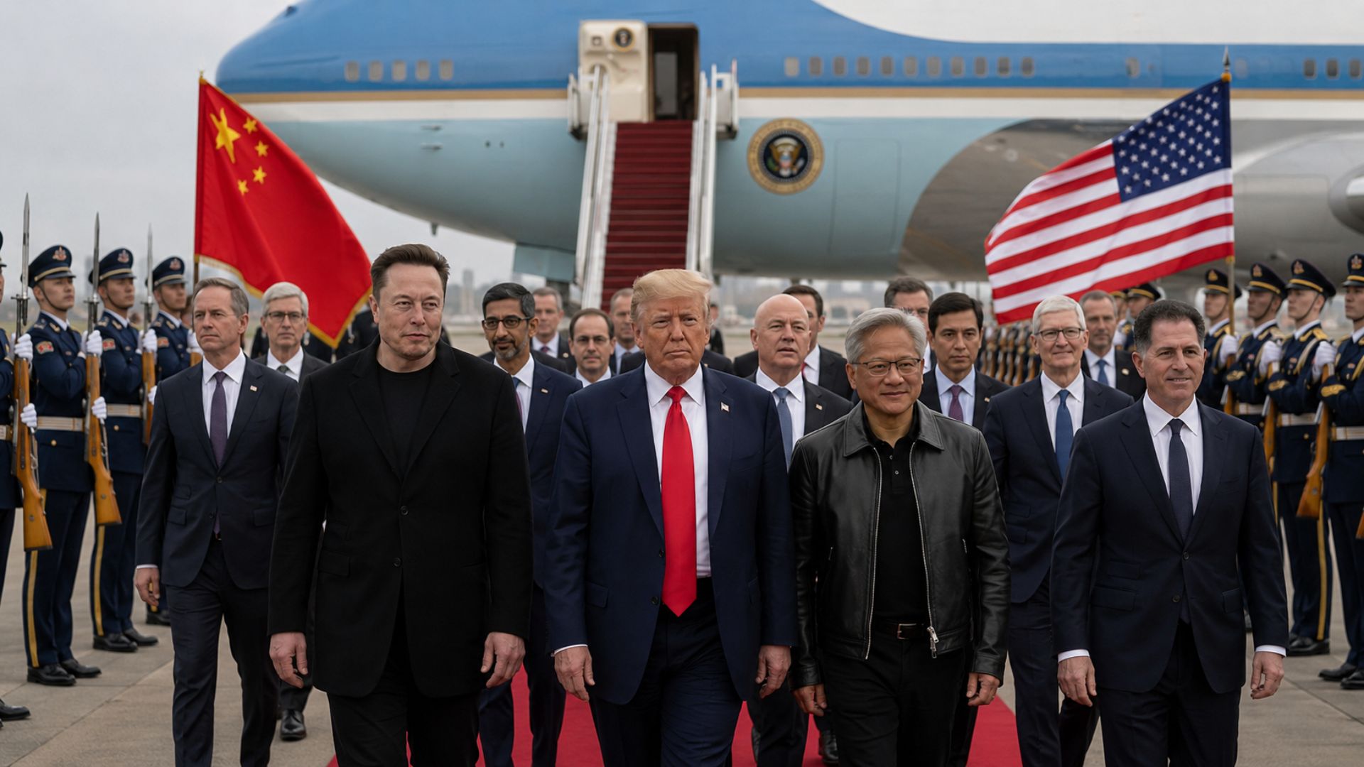 Trump desembarca em Pequim com delegação de US$ 12 trilhões em poder econômico, Musk e CEO da Nvidia a bordo para forçar Xi Jinping a abrir o mercado chinês.